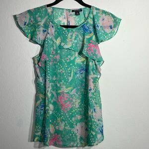 I HEART RONSON Green Sheer Floral Print Top Size XS